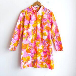 Vintage 60s Acid Pink Mod Long Sleeve Mini Dress M